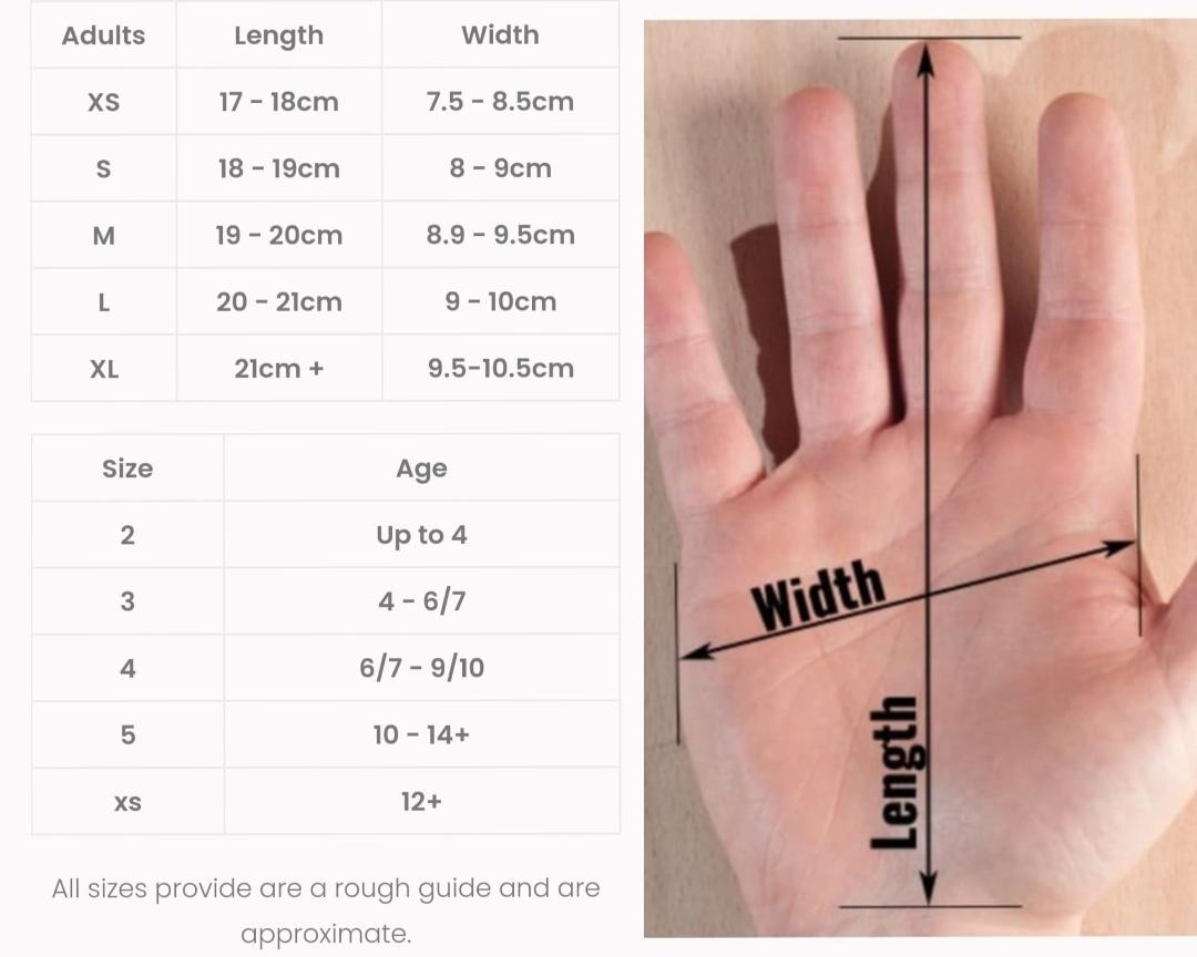 Hand measurement chart with size guide and hand illustration for length and width.